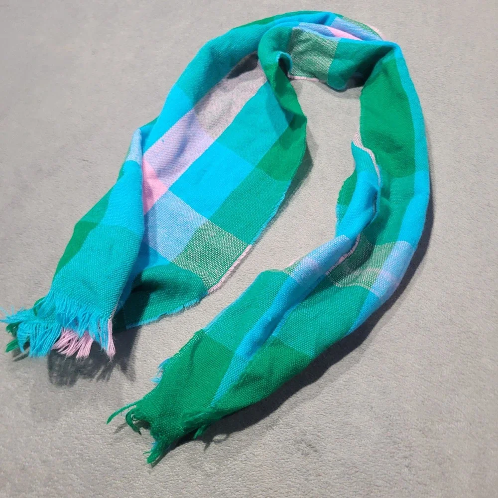 Plaid Checkered Scarf‎ Unisex Green Blue Pink Fringe Vibrant Cozy Boho Scarf